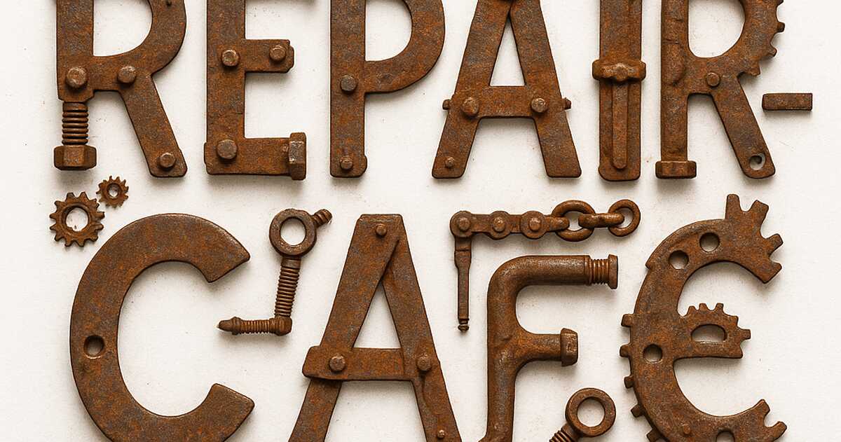 Repair-Café Schriftzug aus altem rostigen Werkzeug gestaltet