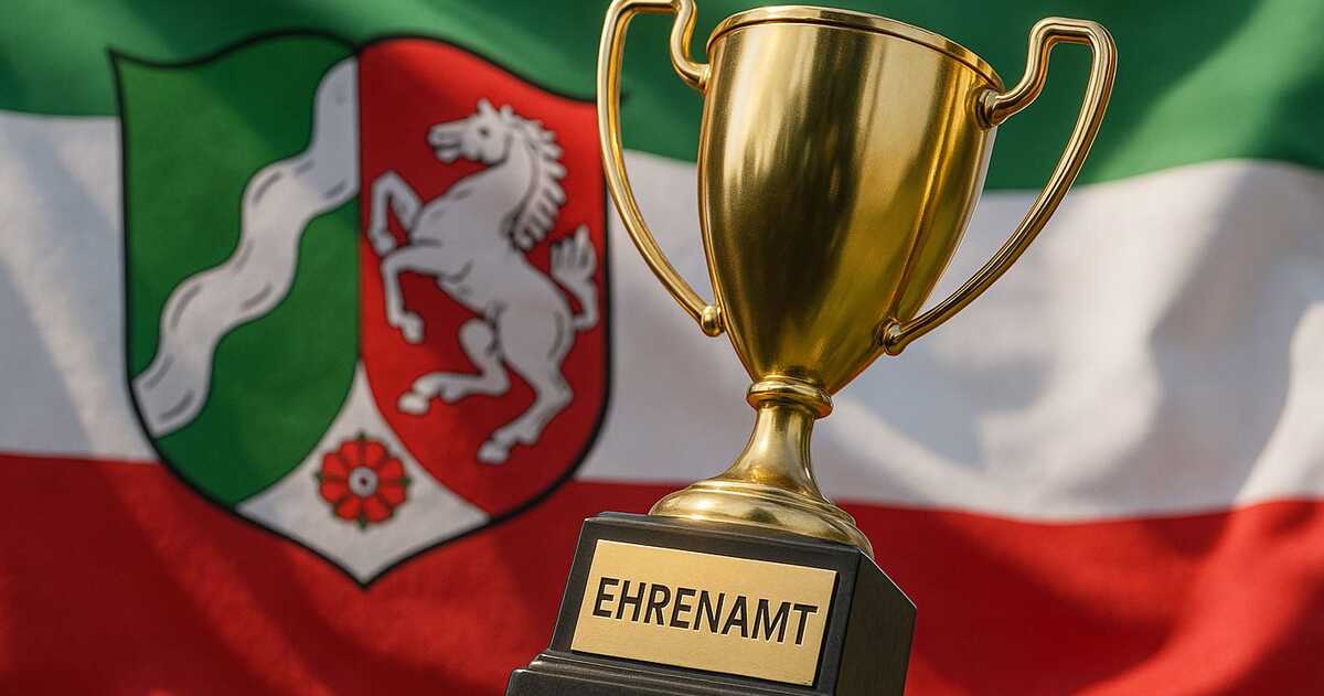Engagementpreis fliegender Pokal für das Ehrenamt vor der Flagge von NRW