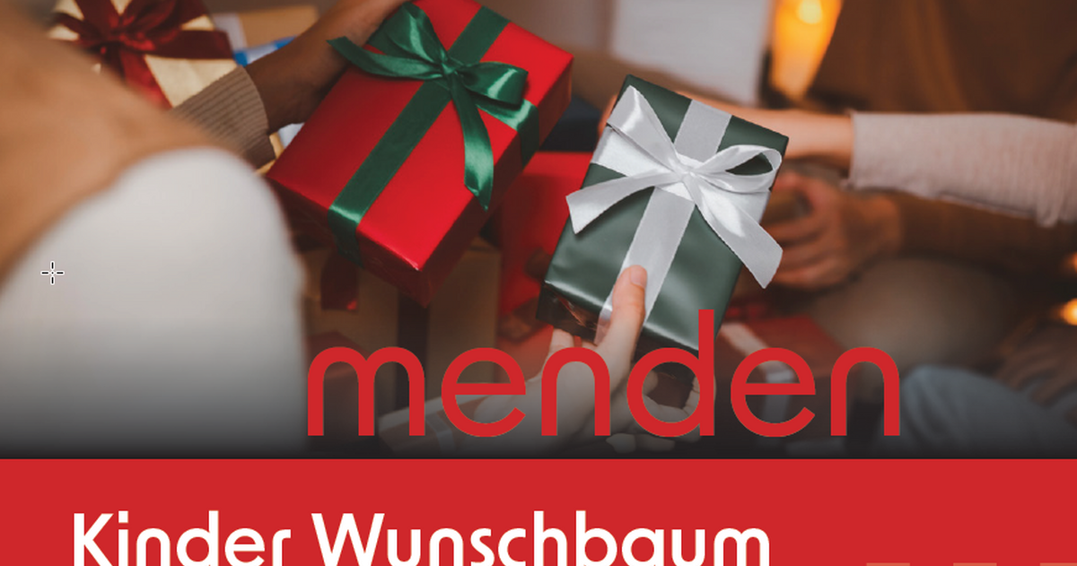 Eingepackte Geschenke und der Titel Kinder Wunschbaum